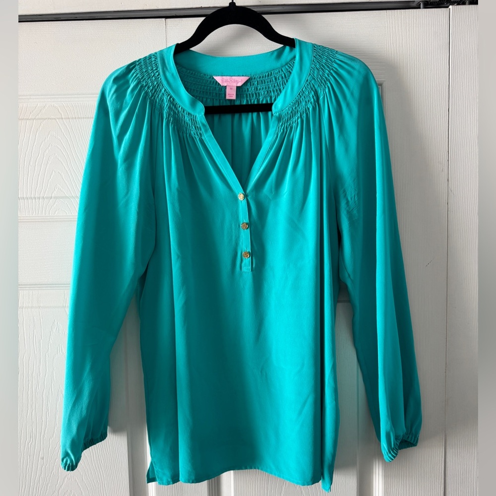Elsa Top in Tropical Turqoise | Lilly Pulitzer Silk Blouse